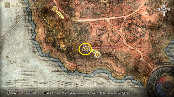 A map screen from Elden Ring showing the location of the Ancient Dragon Apostle Cookbook 3