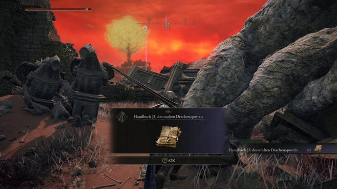 A warrior in Elden Ring finds the Ancient Dragon Apostle Cookbook 3