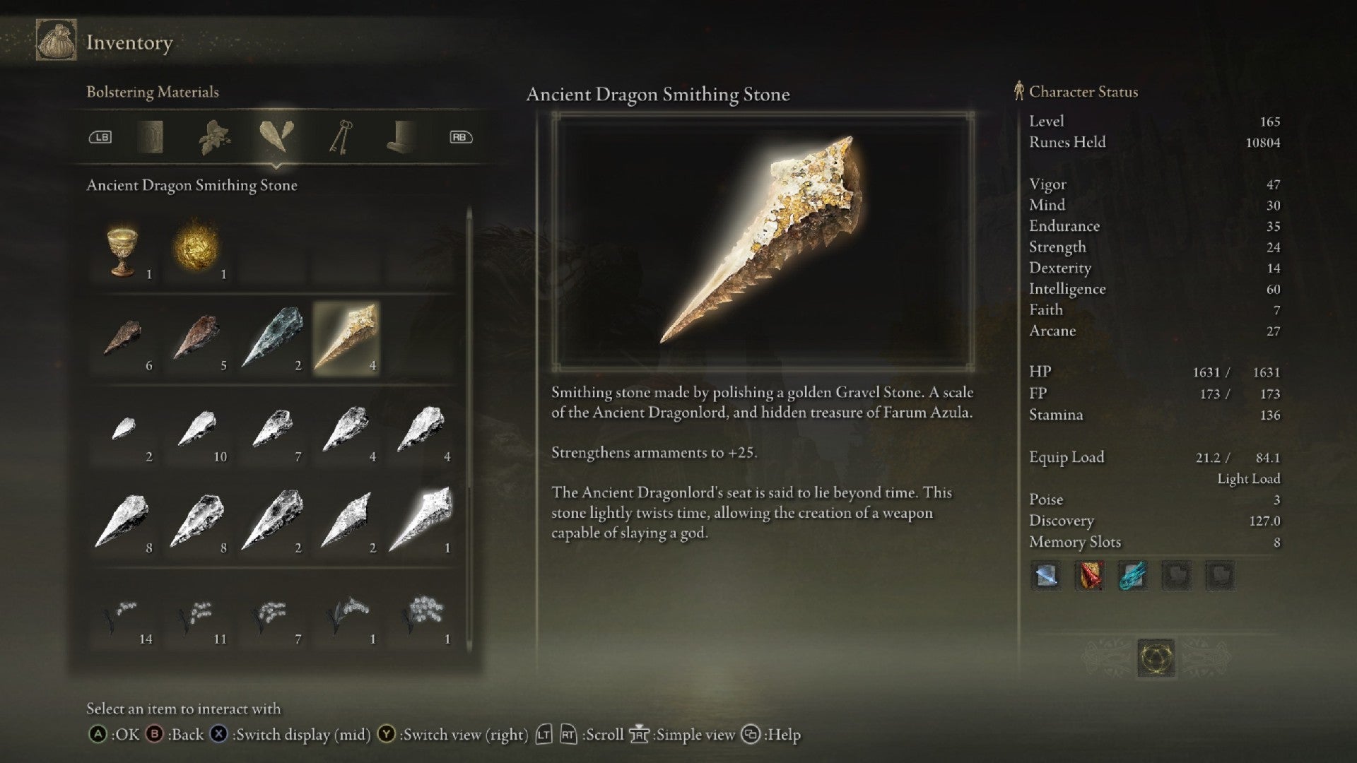 Elden Ring inventory screen displaying the Ancient Dragon Smithing Stone, which is an upgrade item you can use on weapons. - 6