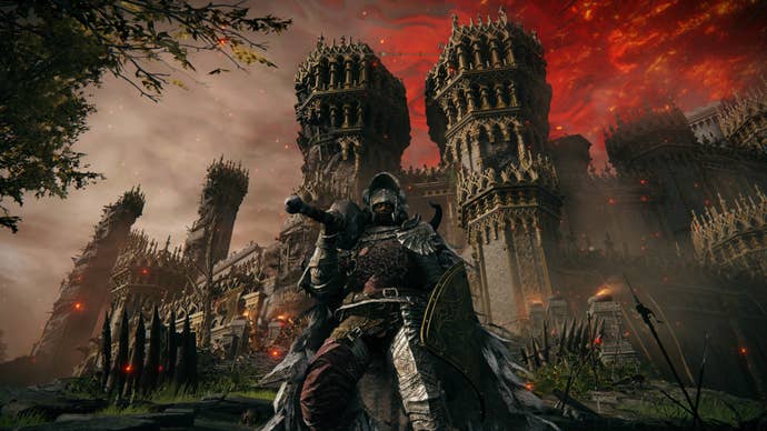 The player character stands in front of Stormveil Castle in Elden Ring