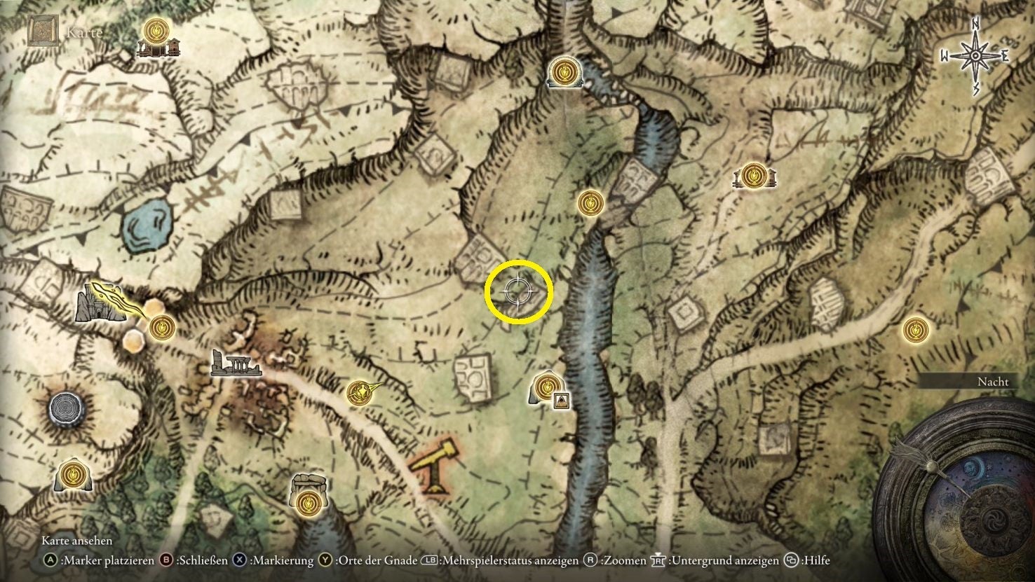 A map screen from Elden Ring showing the location of the Armorer&rsquo;s Cookbook 1