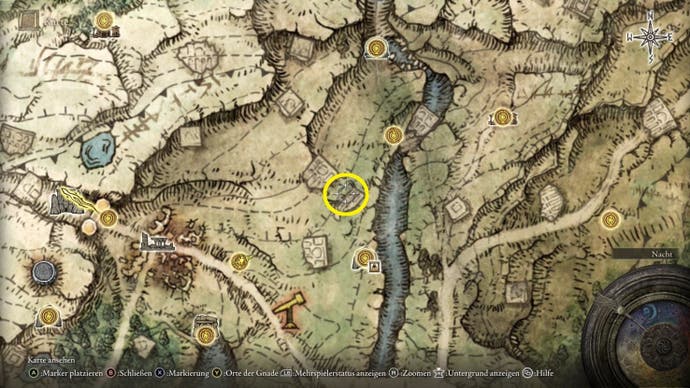 A map screen from Elden Ring showing the location of the Armorer's Cookbook 1