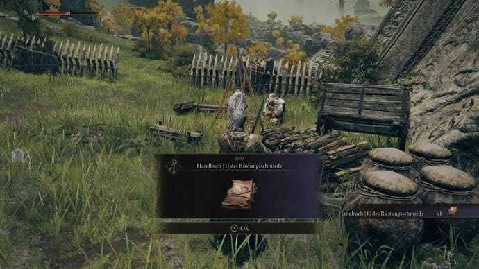 A warrior from Elden Ring acquires the Armorer's Cookbook 1