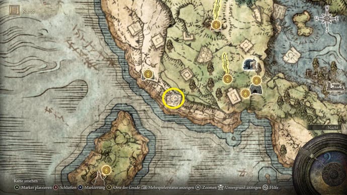 A map screen from Elden Ring showing the location of the Armorer's Cookbook 2