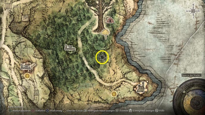 A map screen from Elden Ring showing the location of the Armorer's Cookbook 3 and the Nomadic Warrior's Cookbook 5