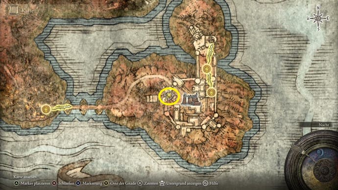 A map screen from Elden Ring showing the location of the Armorer's Cookbook 4
