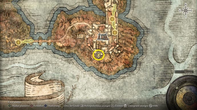A map screen from Elden Ring showing the location of the Armorer's Cookbook 5
