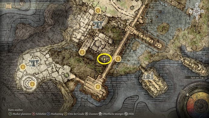 A map screen from Elden Ring showing the location of the Armorer's Cookbook 6