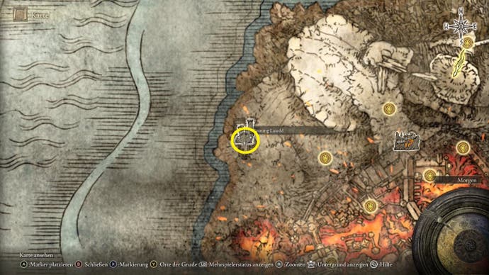 A map screen from Elden Ring showing the location of the Armorer's Cookbook 7