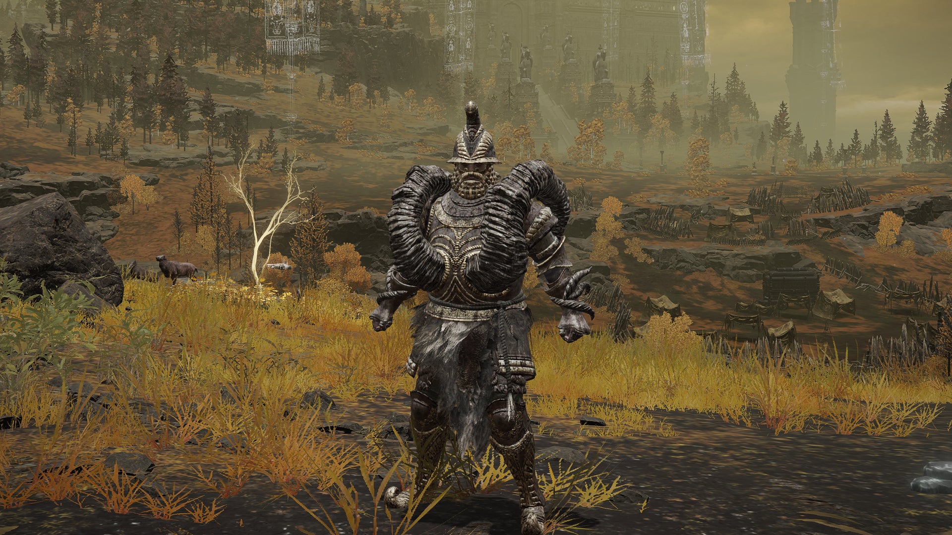 The player in Elden Ring stands in front of the camera wearing the Bull-Goat armour set. Behind them is a view of the Altus Plateau. - 21