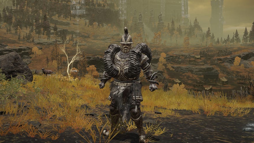 The player in Elden Ring stands in front of the camera wearing the Bull-Goat armour set. Behind them is a view of the Altus Plateau.