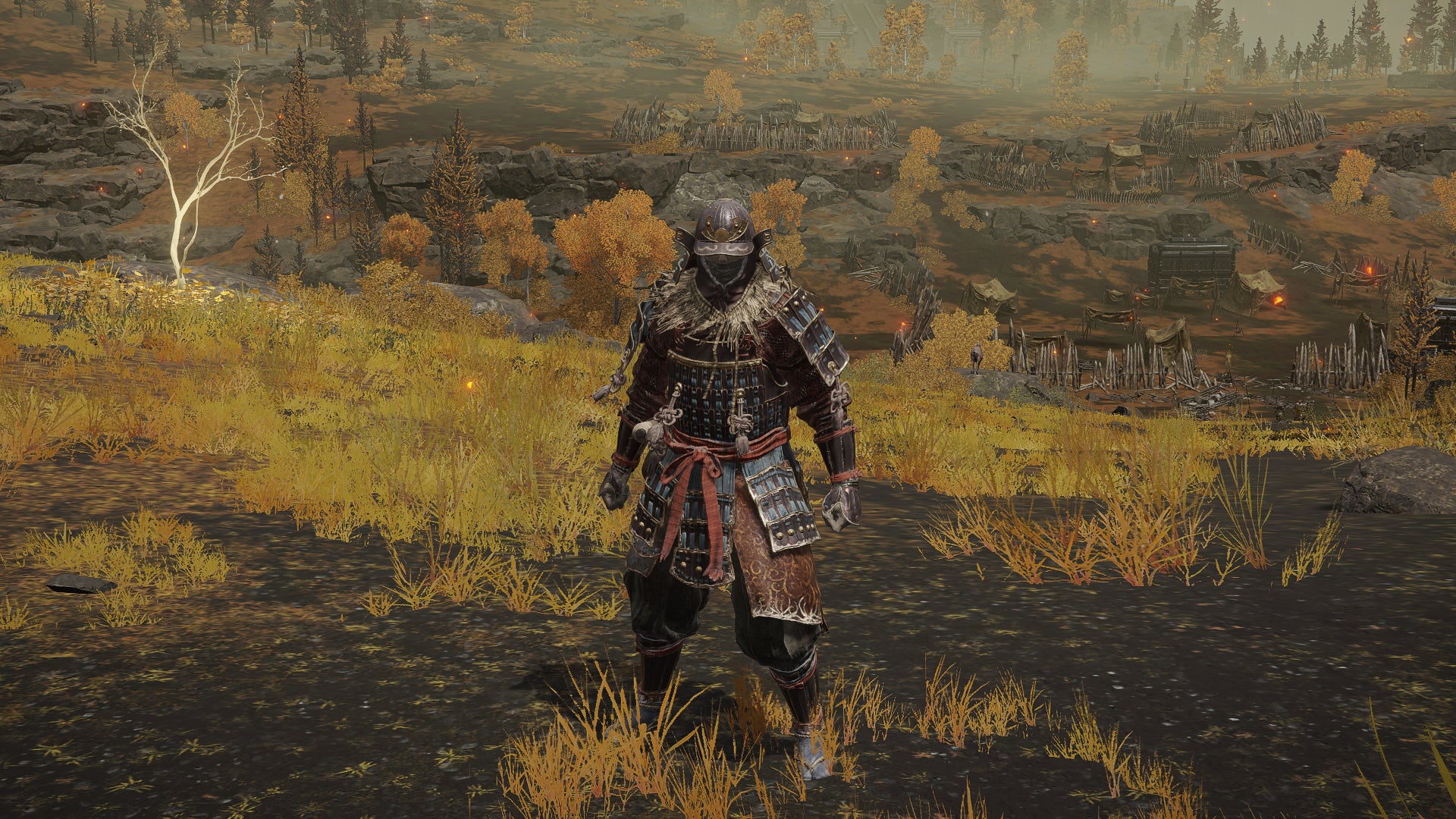 The player in Elden Ring stands in front of the camera wearing the Land Of Reeds armour set. Behind them is a view of the Altus Plateau. - 16