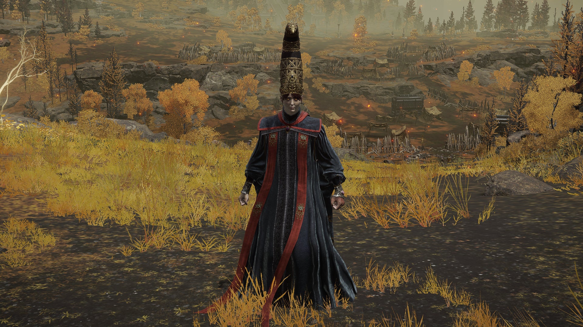 The player in Elden Ring stands in front of the camera wearing the Queen Of The Full Moon armour set. Behind them is a view of the Altus Plateau. - 14