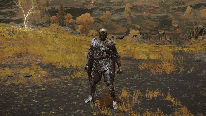The player in Elden Ring stands in front of the camera wearing the Twinned armour set. Behind them is a view of the Altus Plateau.