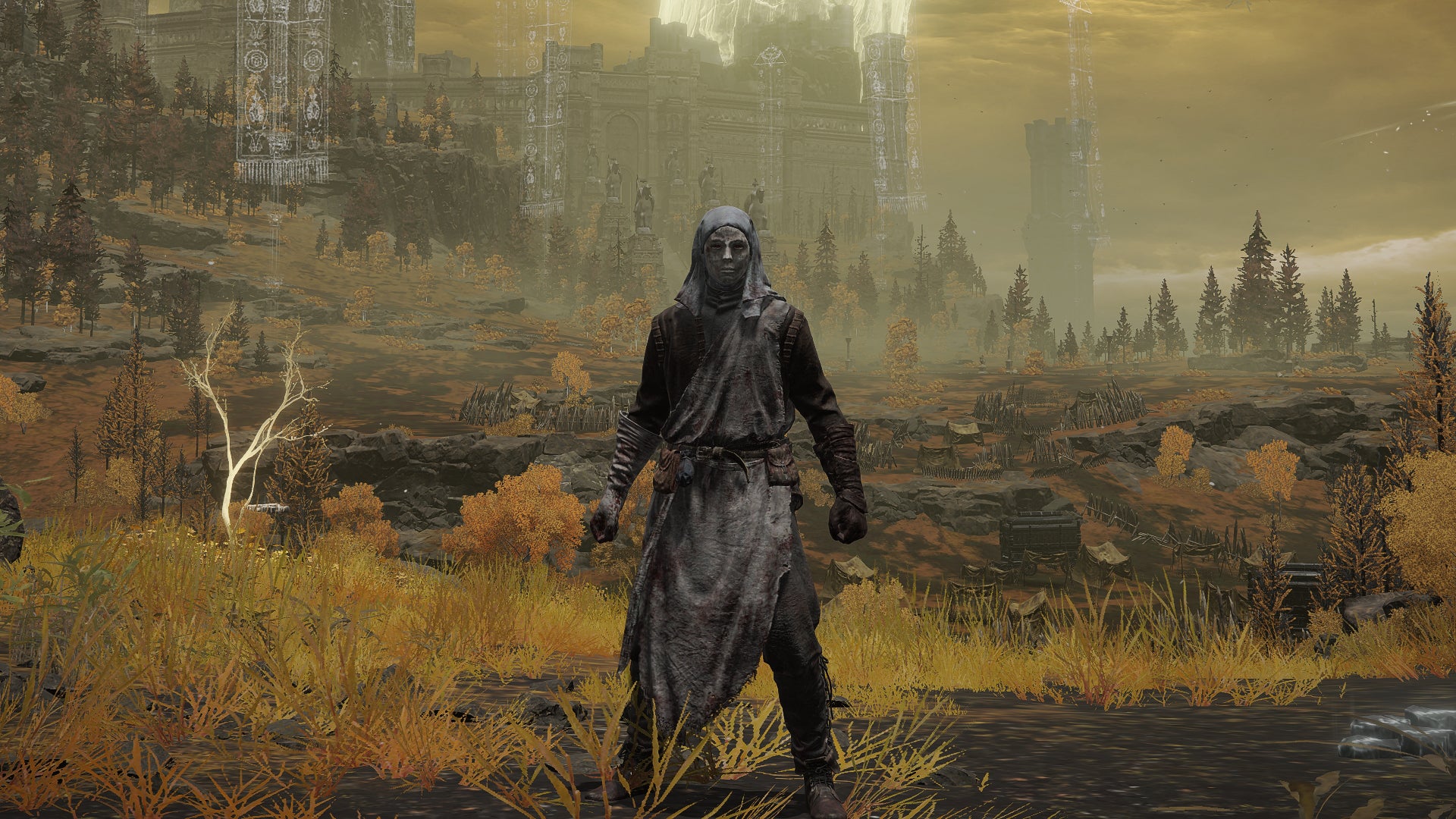 The player in Elden Ring stands in front of the camera wearing the War Surgeon armour set. Behind them is a view of the Altus Plateau. - 12