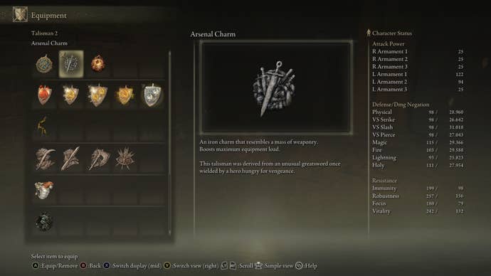 The Equipment screen in Elden Ring, with the Arsenal Charm Talisman highlighted.