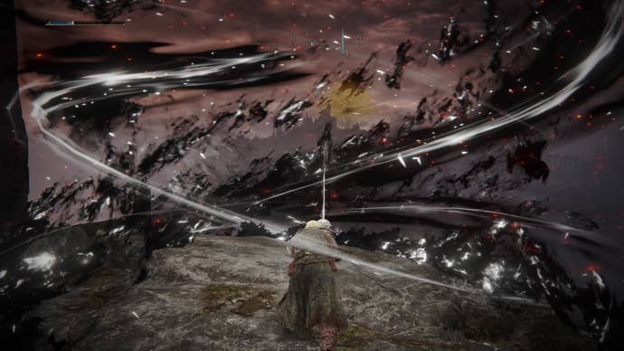 Screenshot of several black flames engulfing the Tarnished via the Black Flame Tornado Ashes of War in Elden Ring.