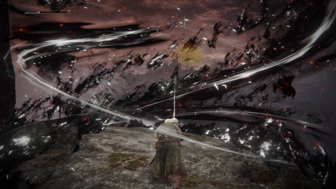 Screenshot of several black flames engulfing the Tarnished via the Black Flame Tornado Ashes of War in Elden Ring.