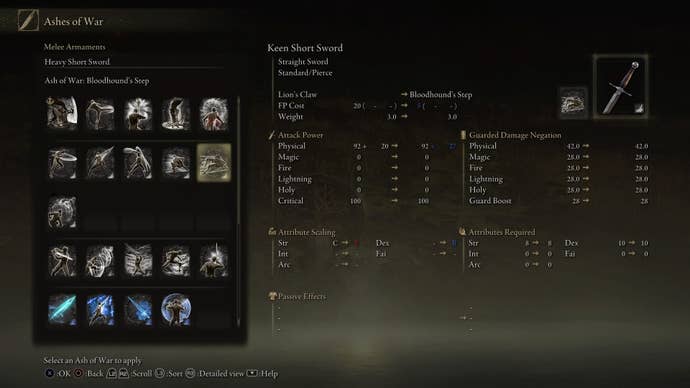 Screenshot of the item description for the Bloodhound’s Step Ashes of War in Elden Ring.