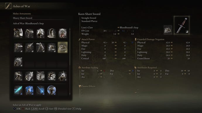 Screenshot of the item description for the Bloodhound's Step Ashes of War in Elden Ring.