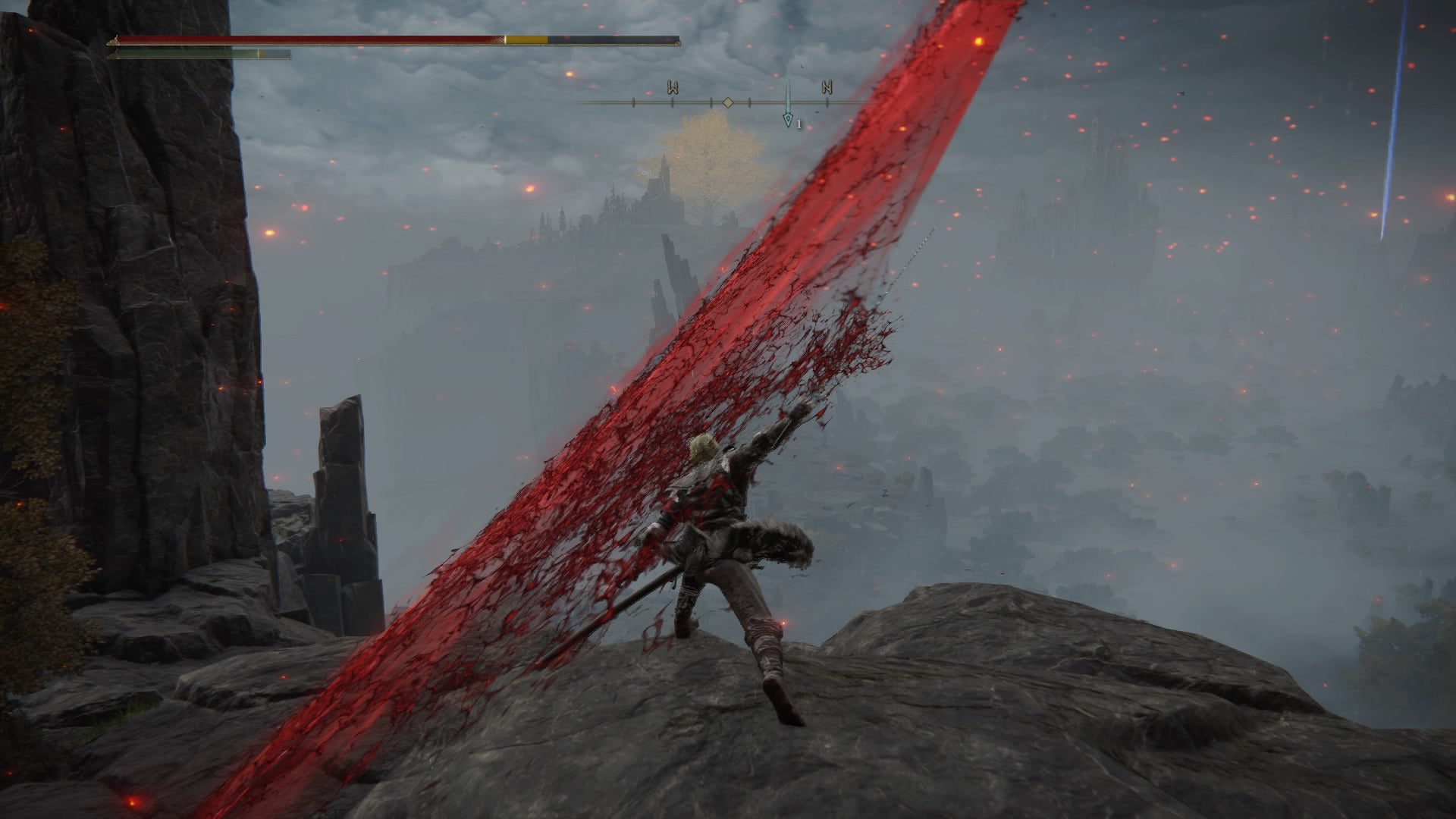 Screenshot of a large bloody slash emitting from the player's blade via the Bloody Slash Ashes of War in Elden Ring. - 5