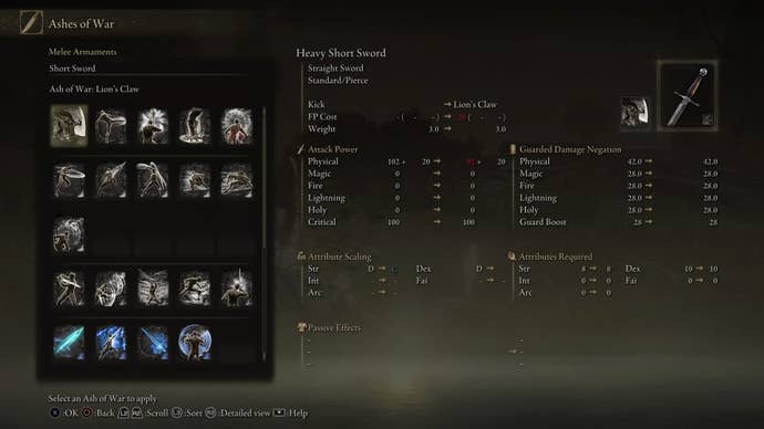 Screenshot of the item description for the Lion’s Claw Ashes of War in Elden Ring.