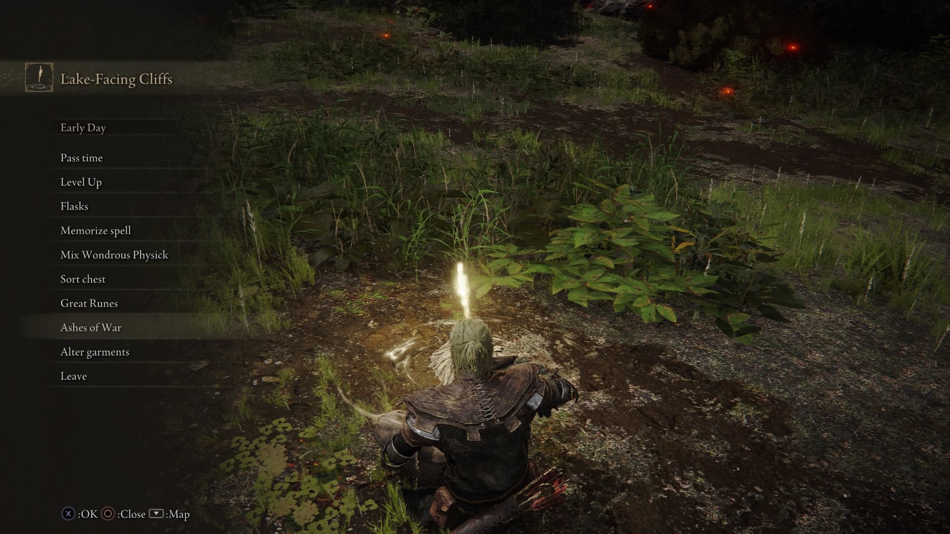 Screenshot of the Tarnished resting at a Site of Grace in Elden Ring, featuring the Ashes of War menu. - 10