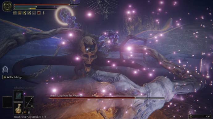 elden ring astel close up attack, astel is using a long hand to grab the player.