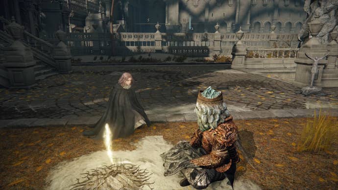 Elden Ring player sits next to a Site of Grace golden wisp while Melina sits nearby.