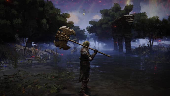 Elden Ring screenshot of the Tarnished wielding the Axe of Godrick weapon.