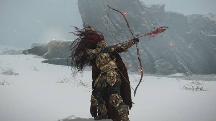 A warrior wields the Albinauric Bow in Elden Ring.