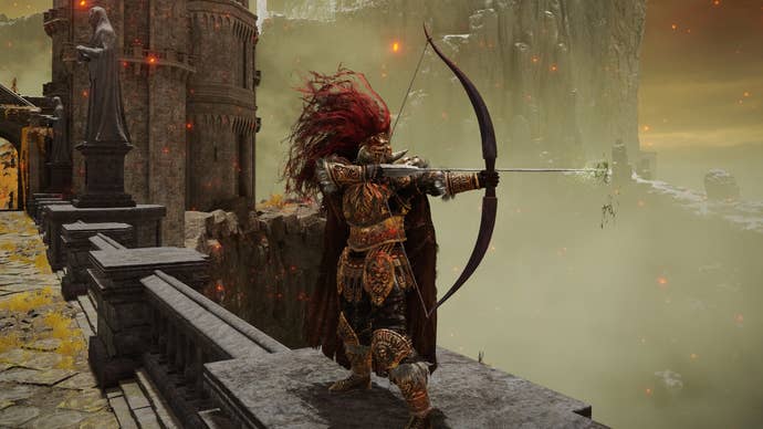 A warrior wields the Black Bow in Elden Ring.