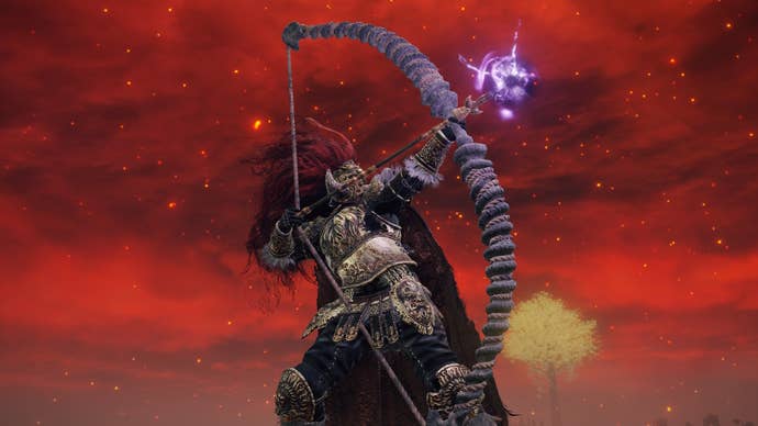 A warrior wields the Golem Great Bow in Elden Ring.