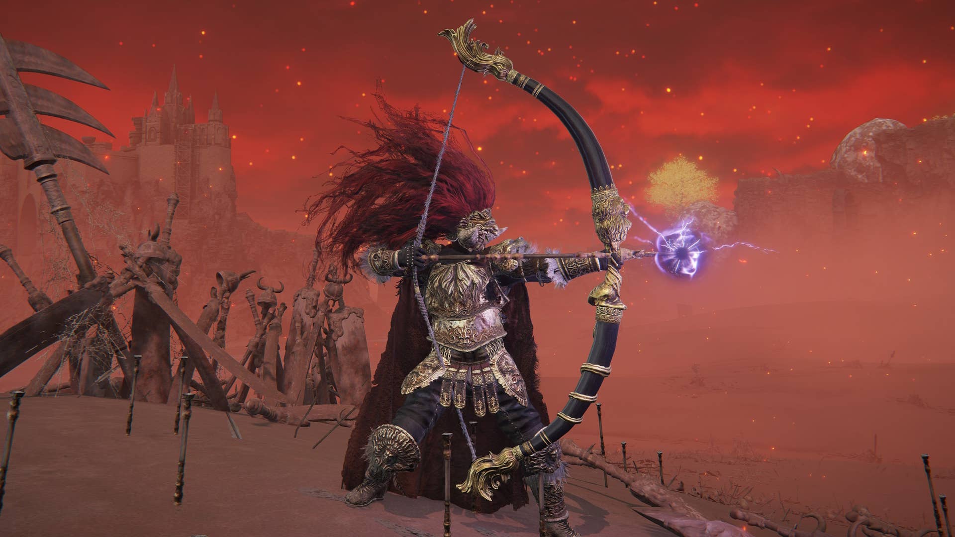 A warrior wields the Lion's Great Bow in Elden Ring.