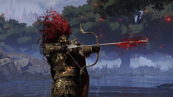 A warrior wields the Misbegotten Shortbow in Elden Ring.