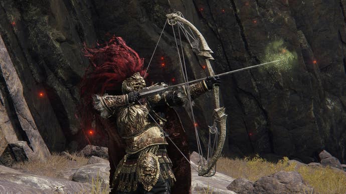 A warrior wields the Pulley Bow in Elden Ring.