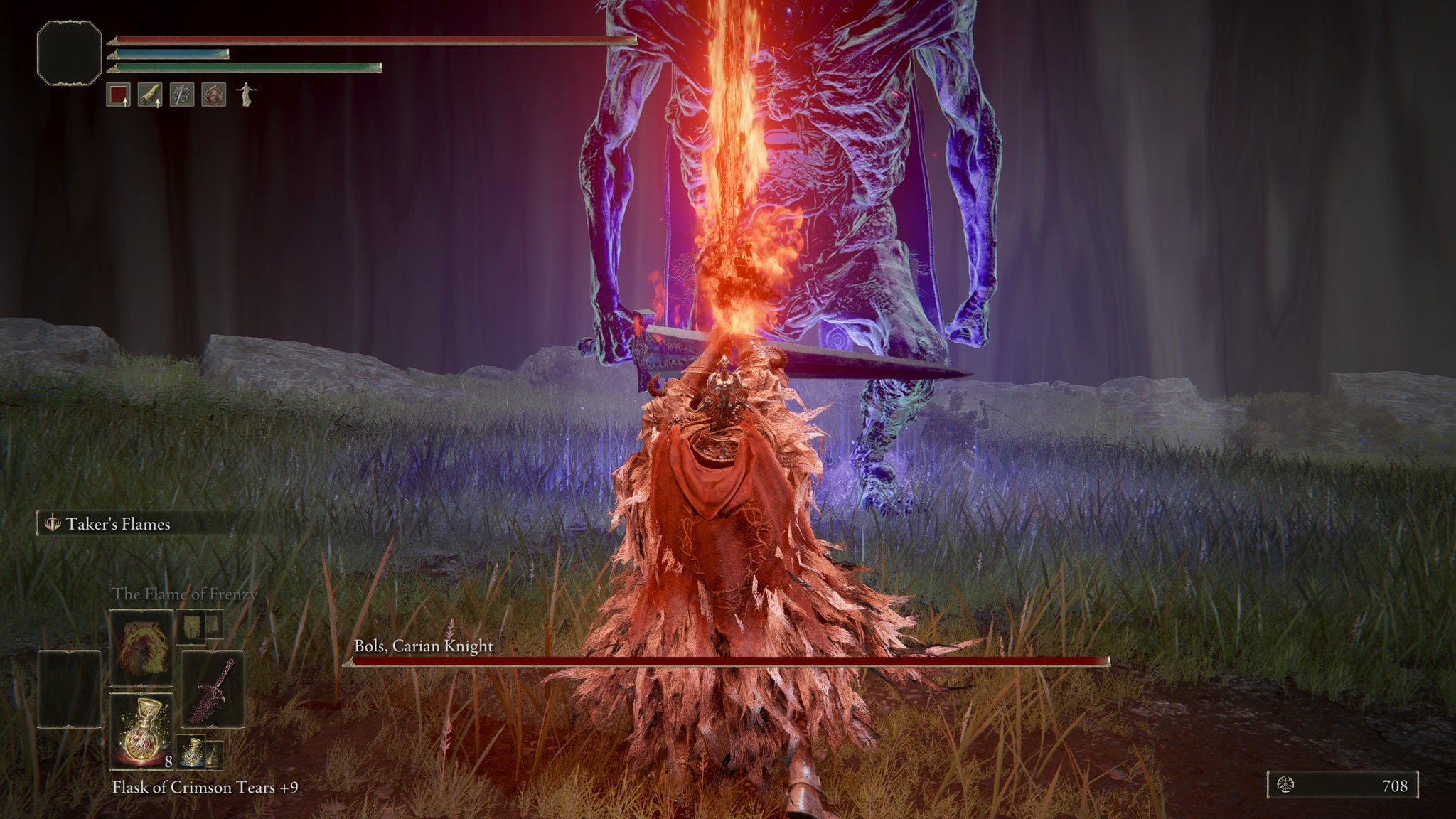 The Tarnished casting Taker's Flames, the Blasphemous Blade Ash of War, against a giant in Elden Ring. - 3