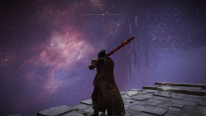 The Tarnished looking out at a celestial scene while carrying the Blasphemous Blade, part of the best Faith build in Elden Ring.
