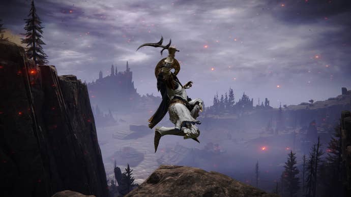 Elden Ring screenshot of the Tarnished in the air, performing an attack with the Black Knife Dagger.