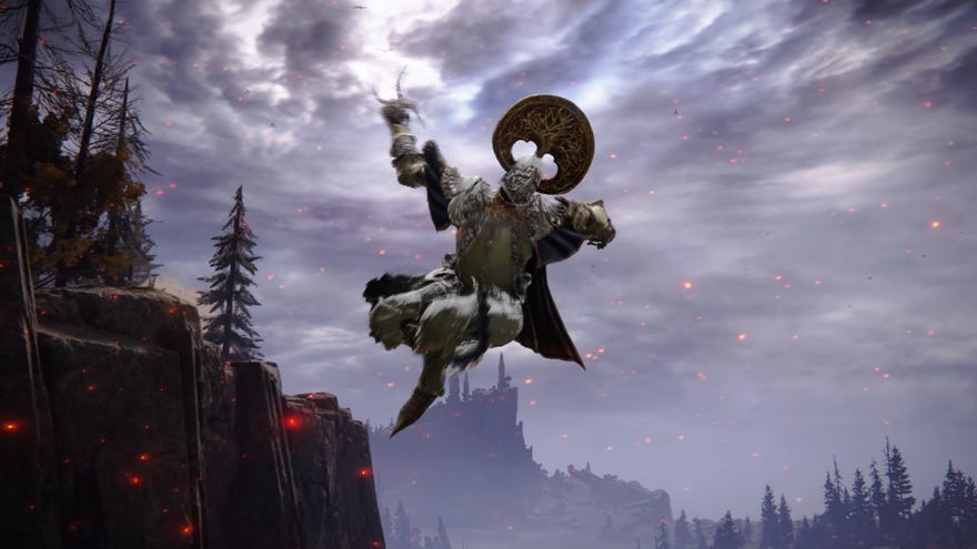 Elden Ring screenshot of the Tarnished in the air, performing an attack with the Black Knife Dagger.