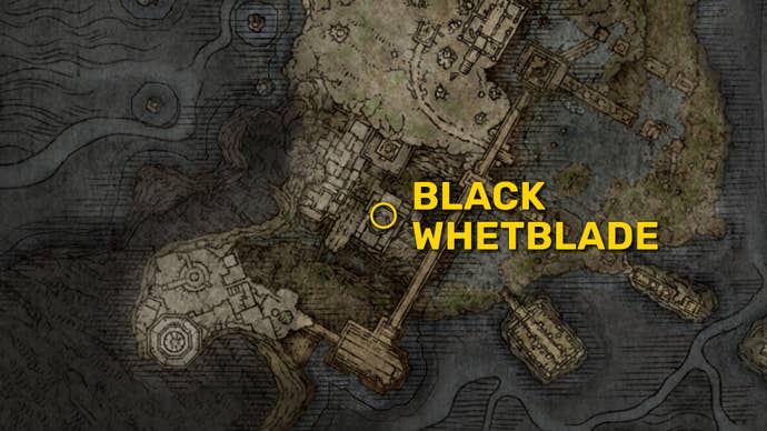 Part of the Elden Ring map, with the location of the Black Whetblade marked with a yellow circle.