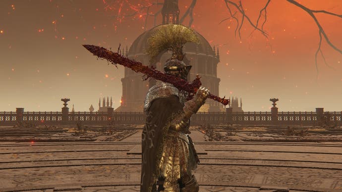 A warrior holds the Blasphemous Blade in Elden Ring.