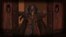 A still from a Bloodborne themed Elden Ring mod showing the player character pushing open a large set of wooden doors wearing a gothic looking outfit.