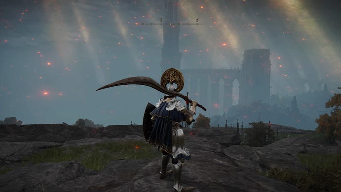 Screenshot of the Tarnished in Elden Ring wielding the Bloodhound's Fang