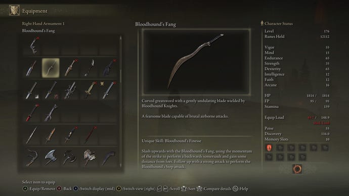 La description de l'objet en jeu de l'arme Bloodhound's Fang dans Elden Ring.