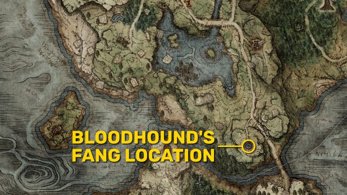 Une partie de la carte Elden Ring de Limgrave, avec l'emplacement de Bloodhound's Fang marqué en jaune.