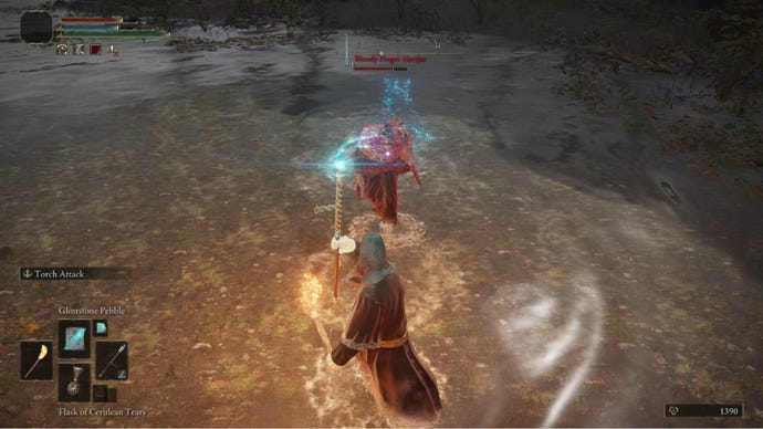 Elden Ring Sorcerer fighting Bloody Finger Nerijus, who has invaded