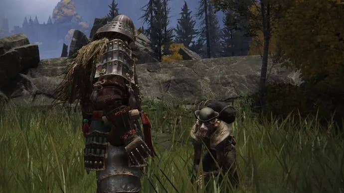 A warrior approaches Boc the Seamster in a grassy plain in Elden Ring