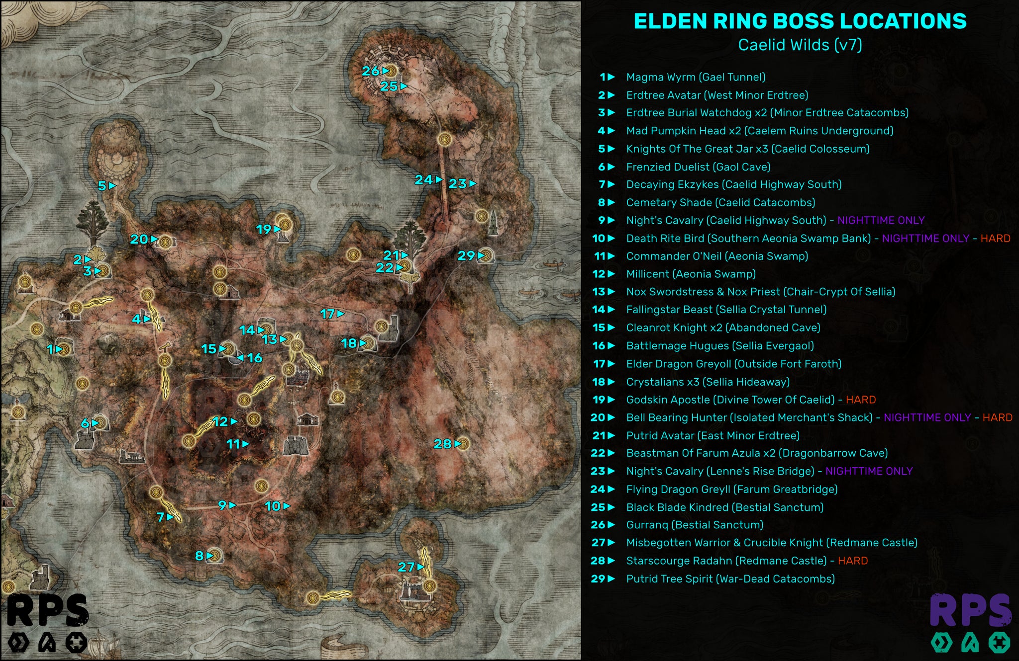 A map of Caelid in Elden Ring, with the locations of every single boss encounter marked and numbered. - 52