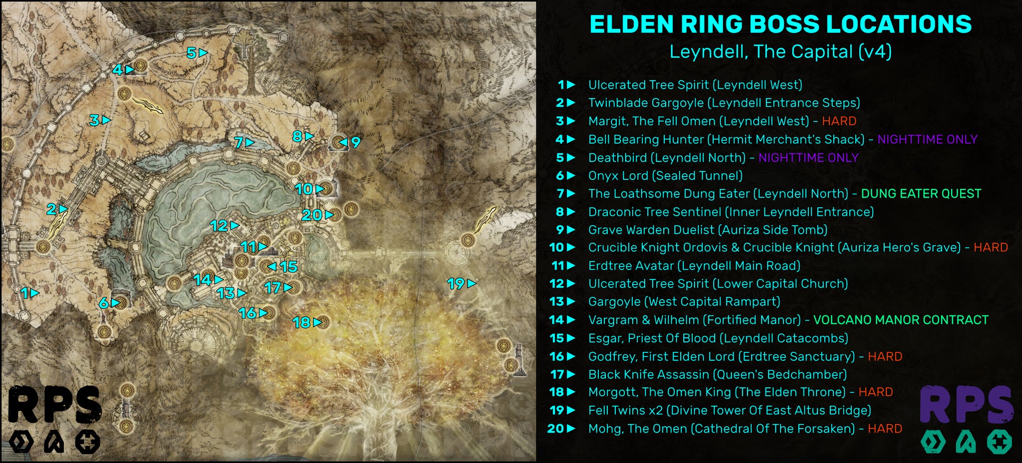 A map of Leyndell, the Capital in Elden Ring, with the locations of every single boss encounter marked and numbered. - 57